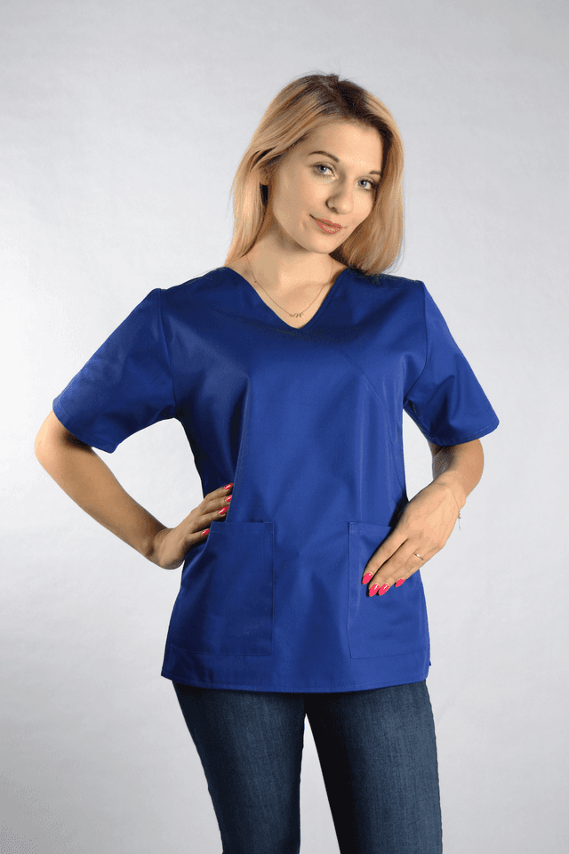 Bluza Medyczna Diana Krótki Rękaw z Lamówką Niebieska – bluzki medyczne damskie
