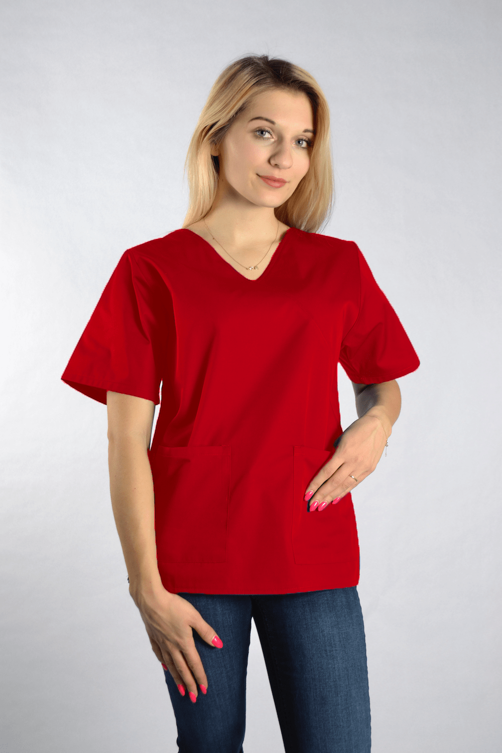 Bluza Medyczna Diana Krótki Rękaw z Lamówką Czerwona – bluzki medyczne damskie