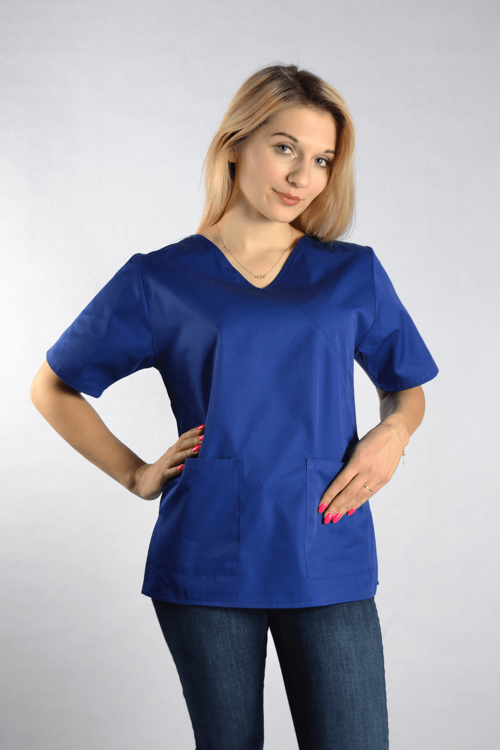 Bluza Medyczna Diana Krótki Rękaw z Lamówką Niebieska – bluzki medyczne damskie